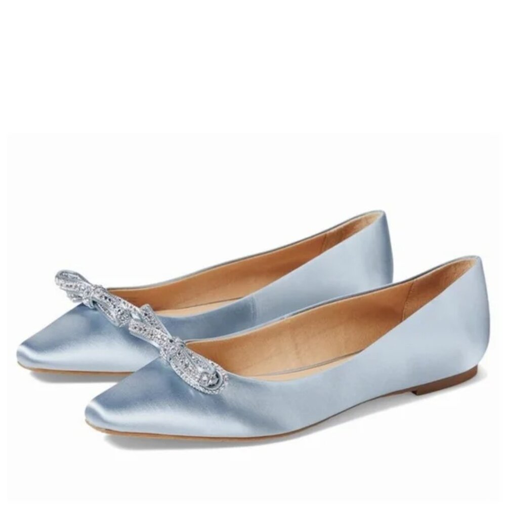 BADGLEY MISCHKA Hesther Ballerina Flats with Rhinestone Bow in Blue 5.5 NWT